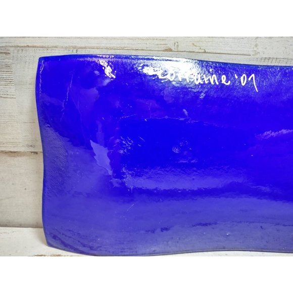 SIGNED Lorraine Art Fused Glass Shimmer Abstract Mosaic Cobalt Wave Trinket Dish - Picture 7 of 14